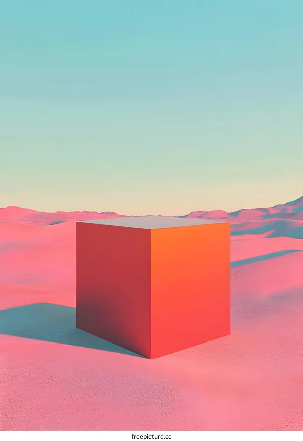 Red Cube Minimalist 3D Desert Landscape Illustration