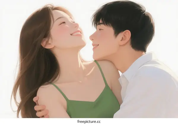 Young Couple Embracing with Warm Smiles Under Clear Sky