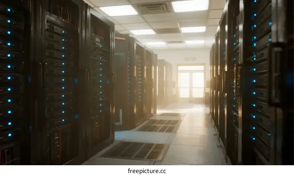 Row of modern server racks with glowing blue indicators in data center