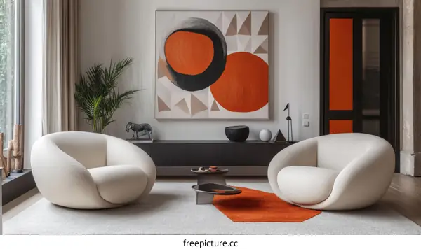 Modern Living Room with Creamy Beige Armchairs and Abstract Art