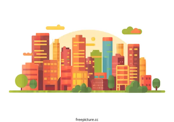 Modern City Skyline Illustration With Colorful Buildings And Trees