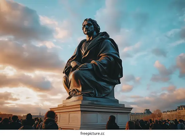 Bronze Statue of a Man in Paris at Sunset