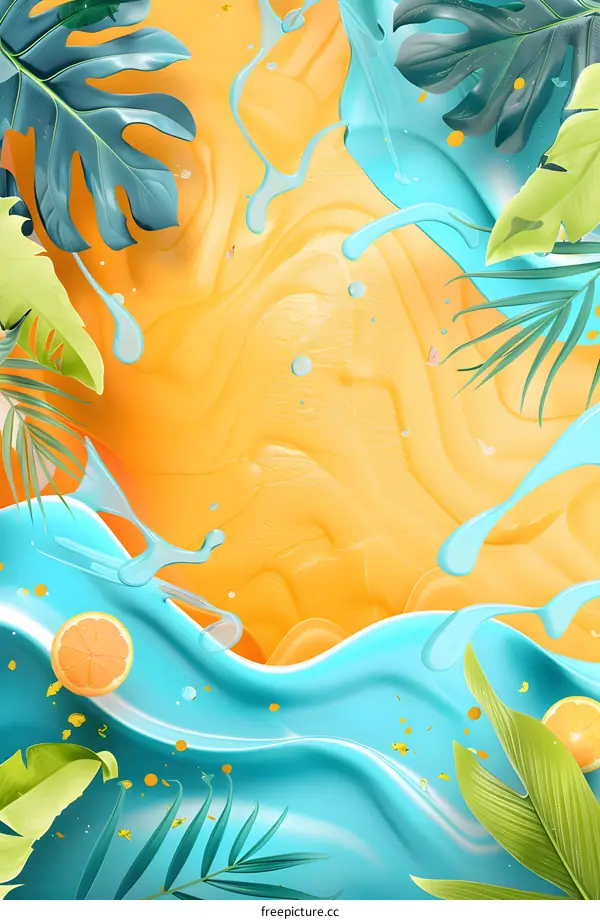 Summer Tropical Leaves with Orange and Blue Liquid Background