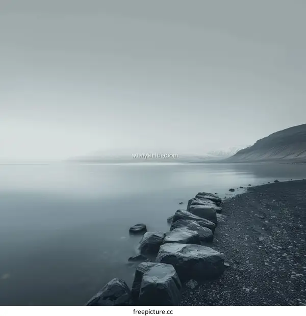 Black and White Photo of Large Rocks on a Beach with a Foggy Mountainous Background