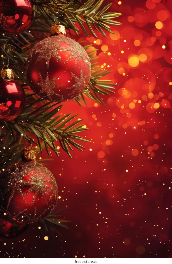Red Christmas ornaments hanging on a pine tree with blurred red lights in the background