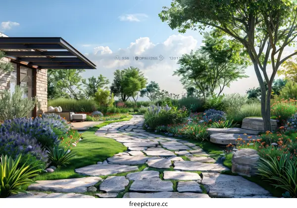 Modern House with Lush Garden and Stone Path