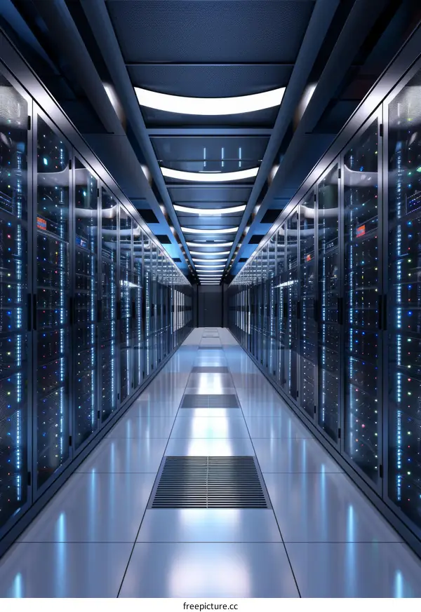 Server room with rows of server racks containing multiple server blades