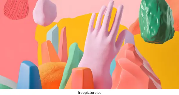 Abstract 3D Illustration With Pink Hand and Colorful Shapes