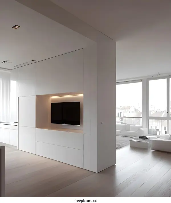 Minimalist Modern Living Room Interior Design with White Walls and Built in Cabinets