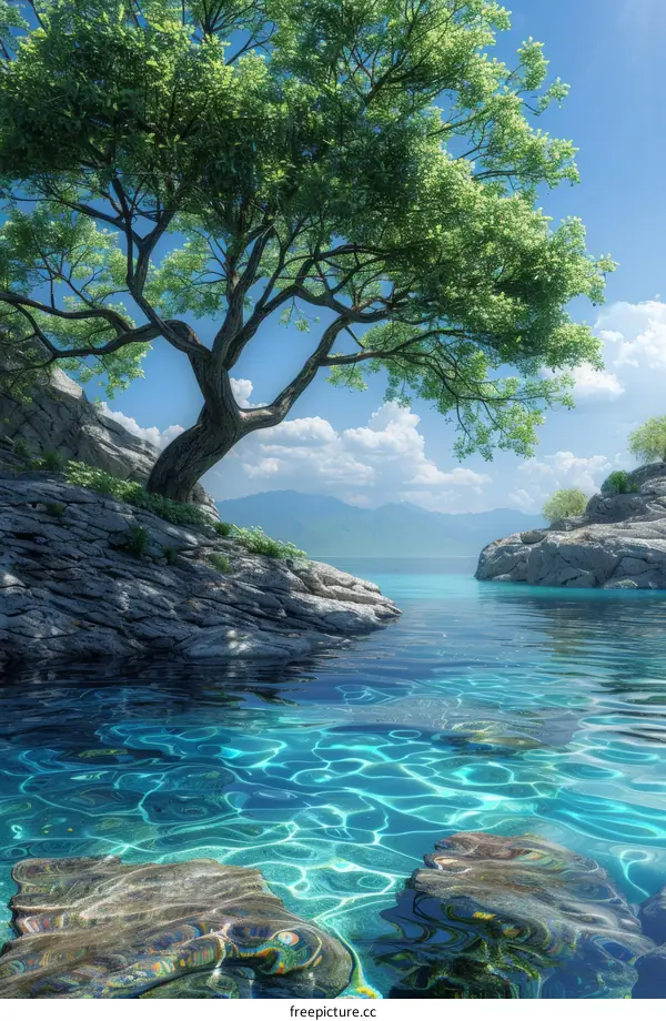 Lush Tree Overlooking Crystal Clear Water and Rocky Coast