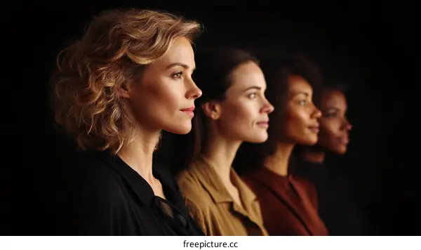 Group of Diverse Women Standing in Profile Against Black Background