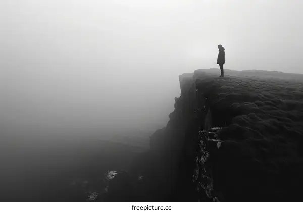 Man standing alone on a cliff overlooking a foggy sea