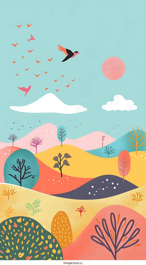 Colorful Abstract Landscape with Birds in the Sky