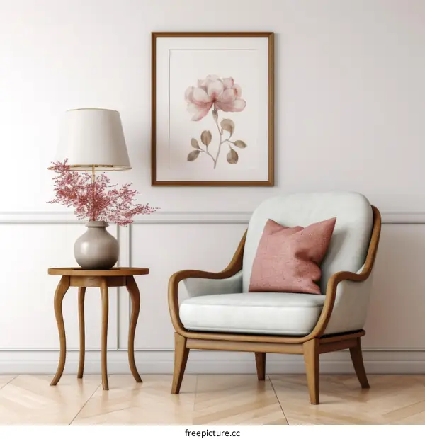 Elegant living room interior with armchair, table, lamp and flower painting