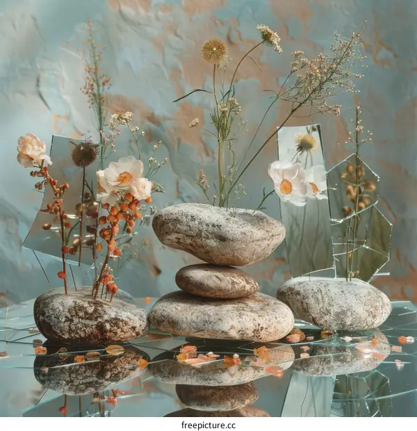 Still life with stones, glass and flowers