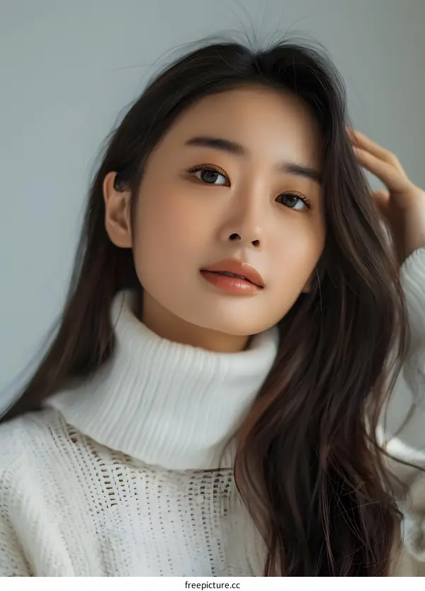 Portrait of Asian Woman with Long Dark Hair Wearing White Sweater