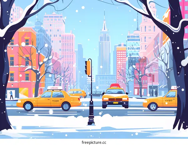 Snowy Winter Scene of New York City with Yellow Taxis