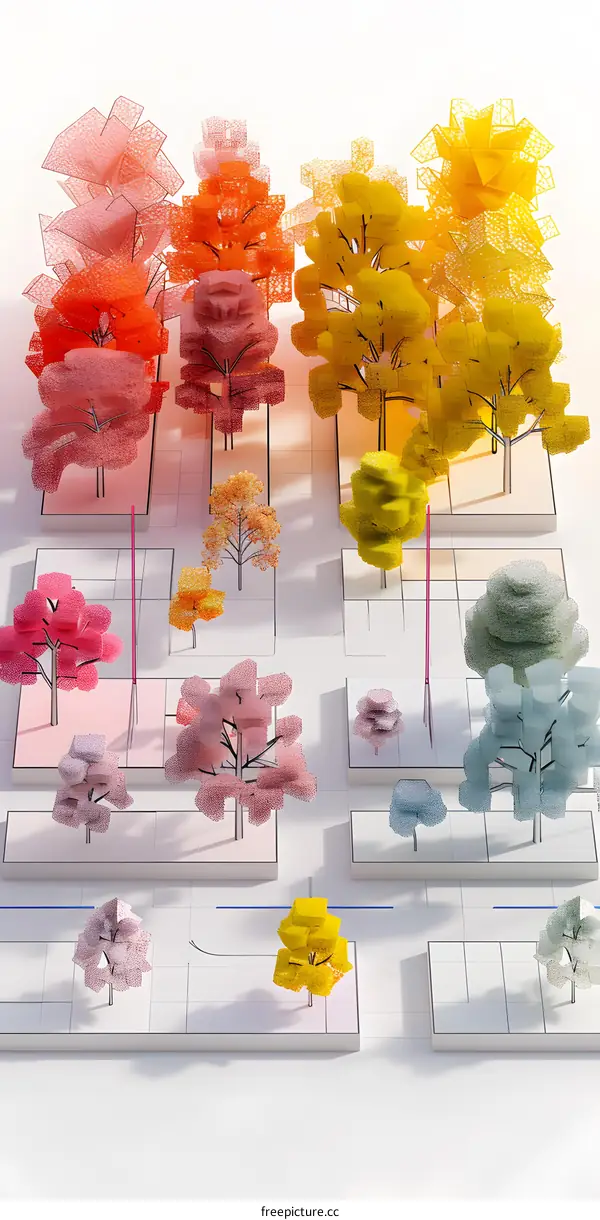 Colorful Wireframe Trees on White Grid