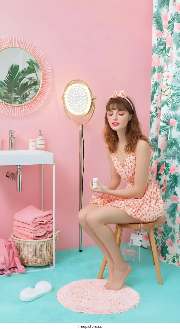Young Woman with Pink Bathroom Decor Sitting on a Stool