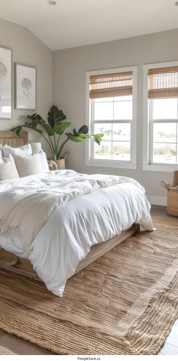 Coastal Bedroom with White Bedding and Natural Textures