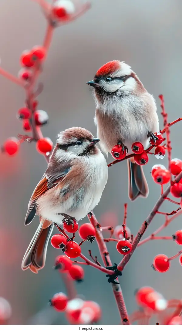 Two Cute Birds Perched on a Branch with Red Berries