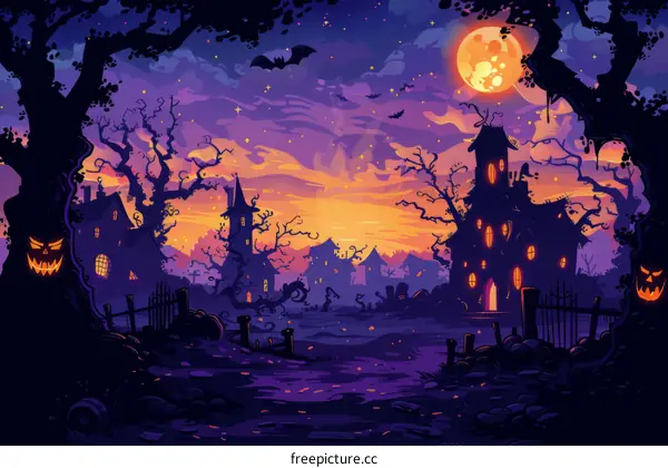 Spooky Halloween Village with Haunted House and Graveyard