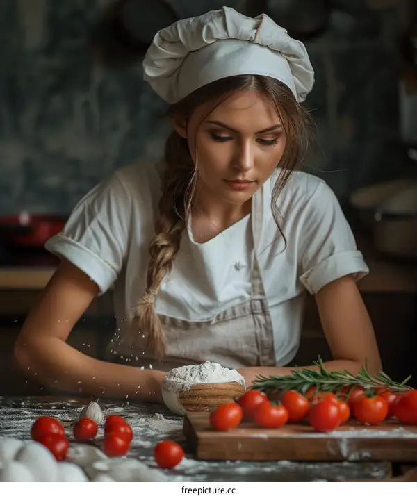 Focused young female chef sprinkling flour on a wooden bowl