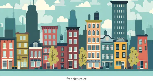 Colorful Cityscape Illustration With Buildings and Trees