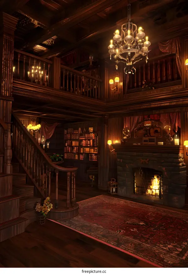 Wooden Interior with Fireplace and Staircase
