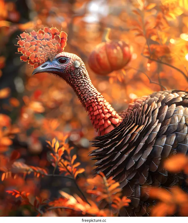 A turkey standing in a forest of autumn leaves