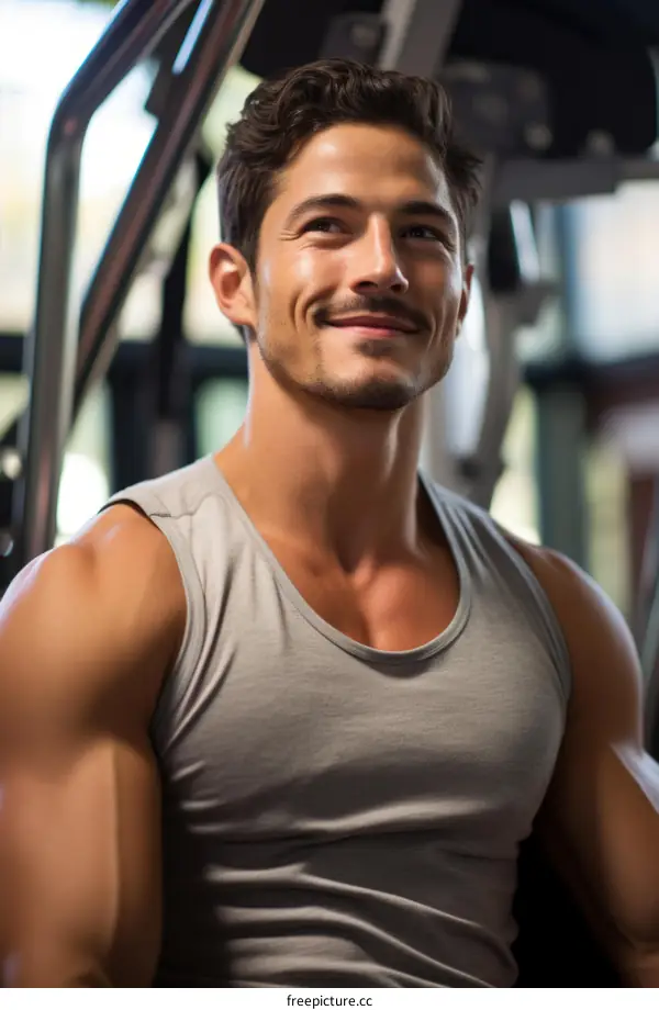 Handsome muscular man in grey tank top at the gym