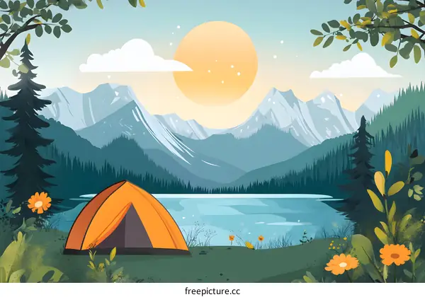 Campsite Illustration with Mountain View and Lake