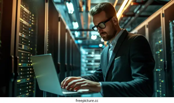 Male IT specialist working on laptop in server room