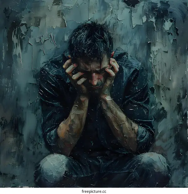 A man is sitting on the floor with his hands on his head