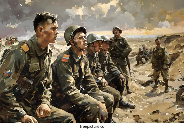 A group of soldiers are sitting on the ground in a war zone.