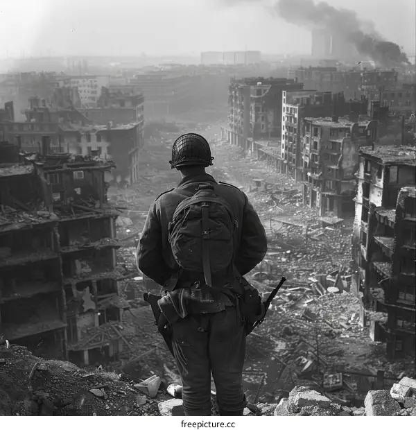 A soldier stands amid the ruins of a city during World War II.