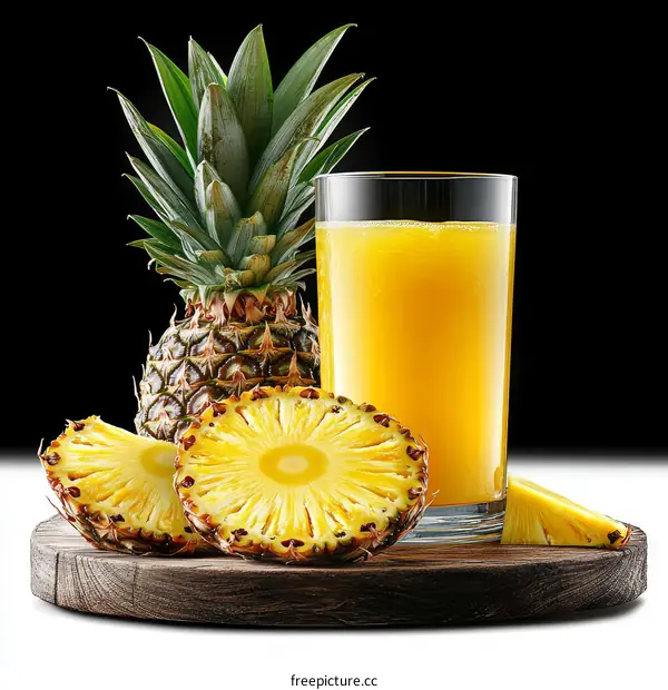 Pineapple Juice and Slices on Wooden Board