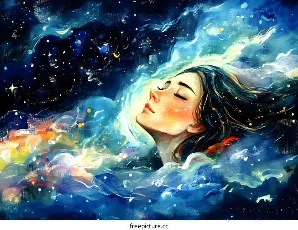 Woman Sleeping in a Galaxy Watercolor Painting