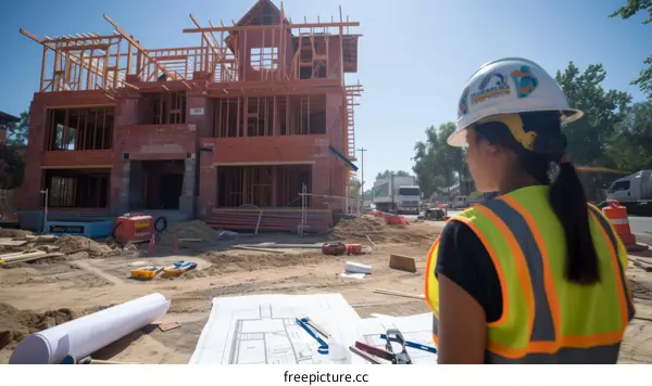 Asian woman wearing hardhat at construction site