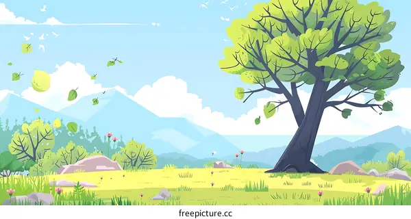 Cartoon Green Landscape with Mountains and Trees