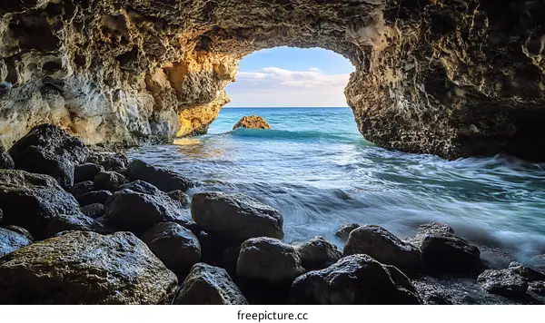 Sea View Through Cave Entrance