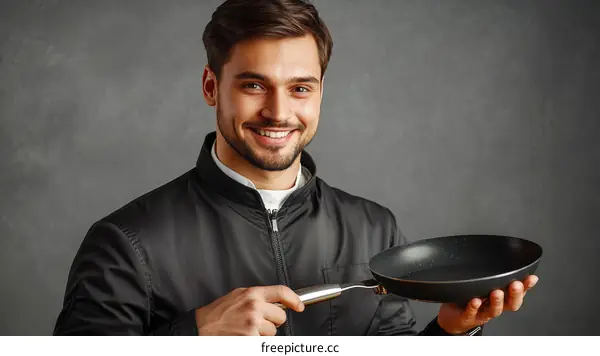 Chef Holding Empty Frying Pan in Studio