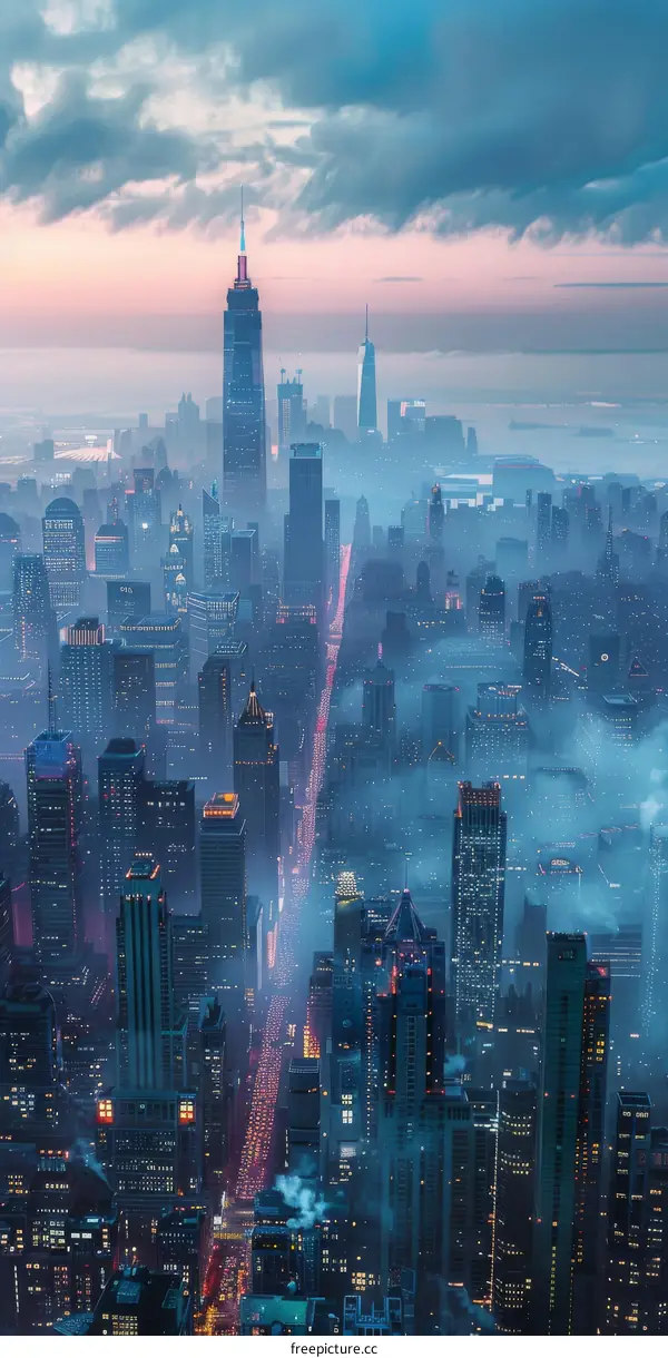 New York City Skyline at Night with Fog