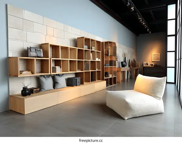 Modern Wooden Bookcase and Lounge Seating Area