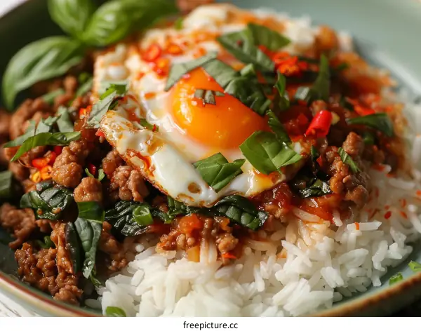 Stir-fried Minced Pork with Basil and Egg over Jasmine Rice