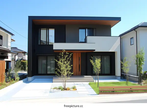 Modern Two Story House with a Wooden Front Door and a Gravel Driveway