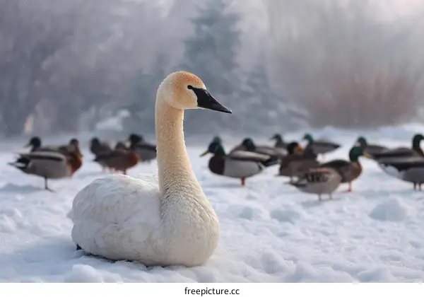Winter Swan Among Ducks in Snowy Park