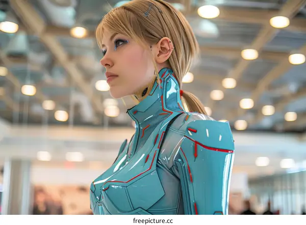 Portrait of a young blonde woman in a blue latex bodysuit