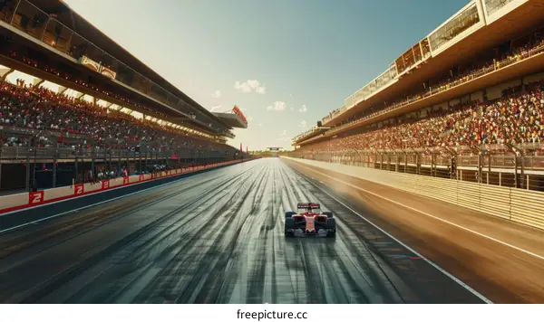 Formula One race car speeding down a track with spectators in the stands