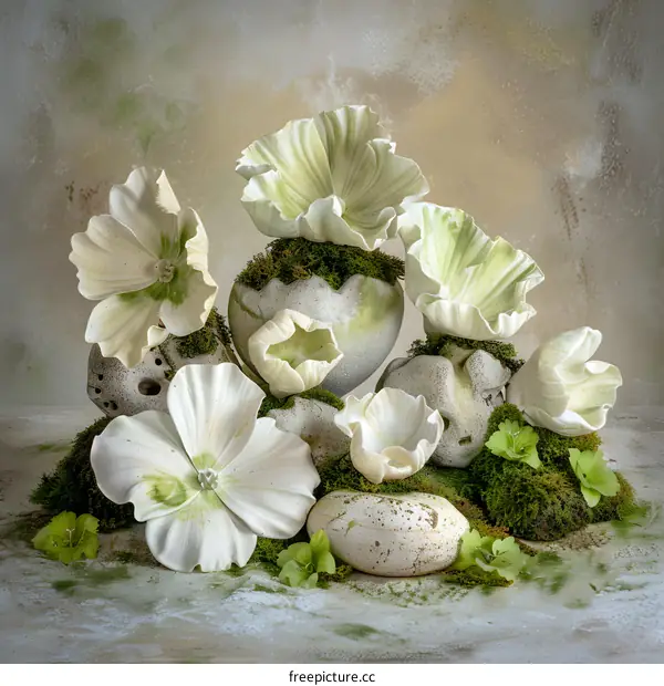 White Flowers with Green Moss and Stones on a Beige Background